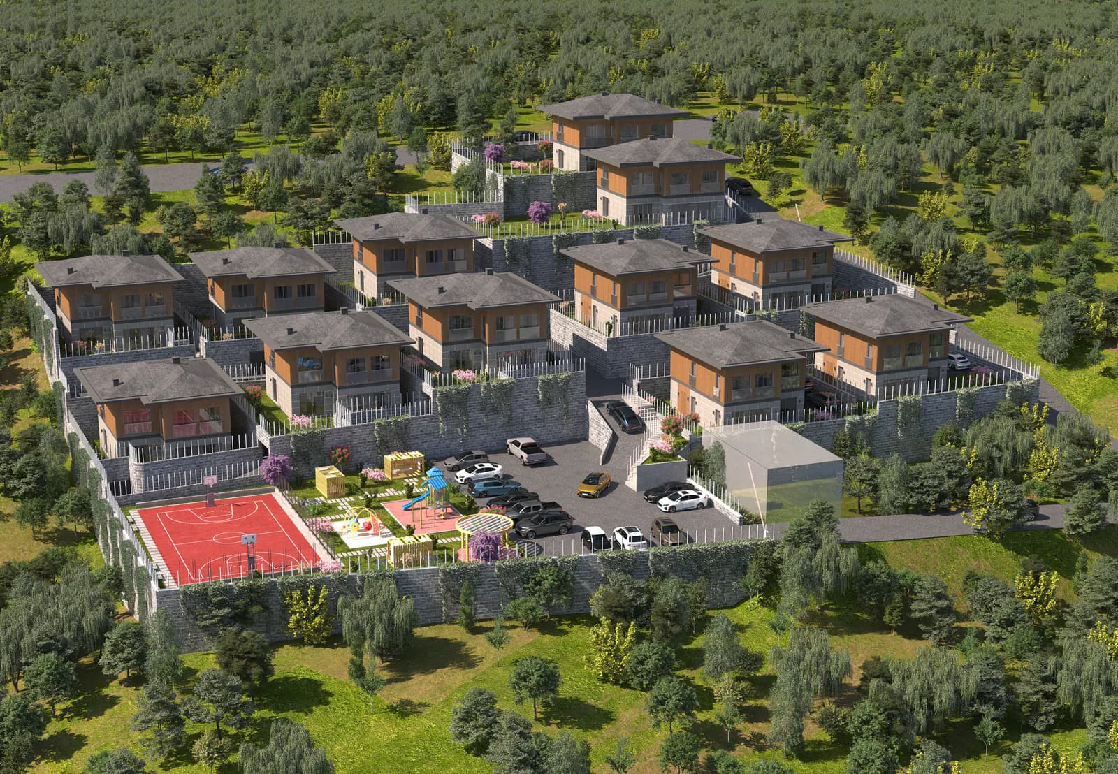 Yalova Termal projesi — arazi içinde konut bloklarının havadan görünümü