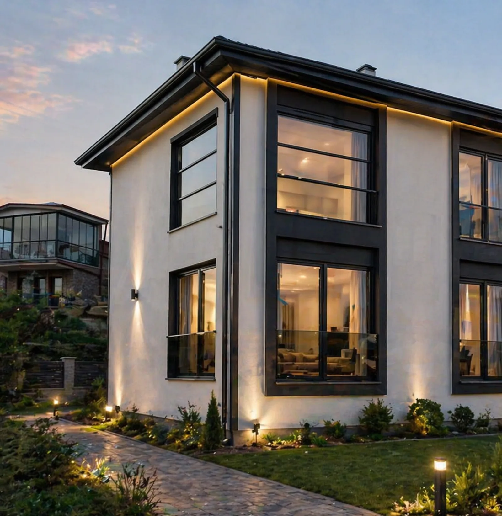 Kaytazdere Villa Projesi, Yalova Altınova — akşam aydınlatmasıyla villa cephesi